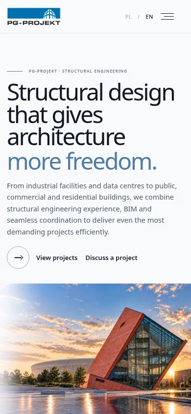 Screenshot of the actual PG-PROJEKT mobile homepage in English