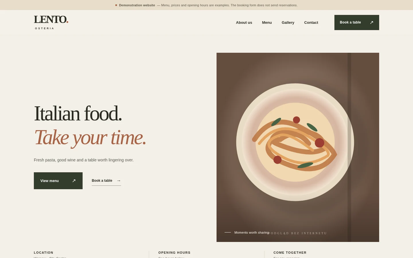 Lento Italian restaurant version of the same website with brand-specific headline, menu and images