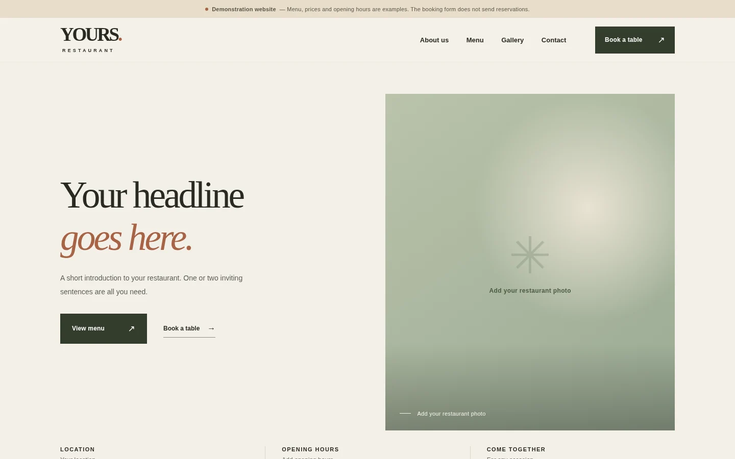 Blank editable restaurant website with placeholder restaurant branding and content
